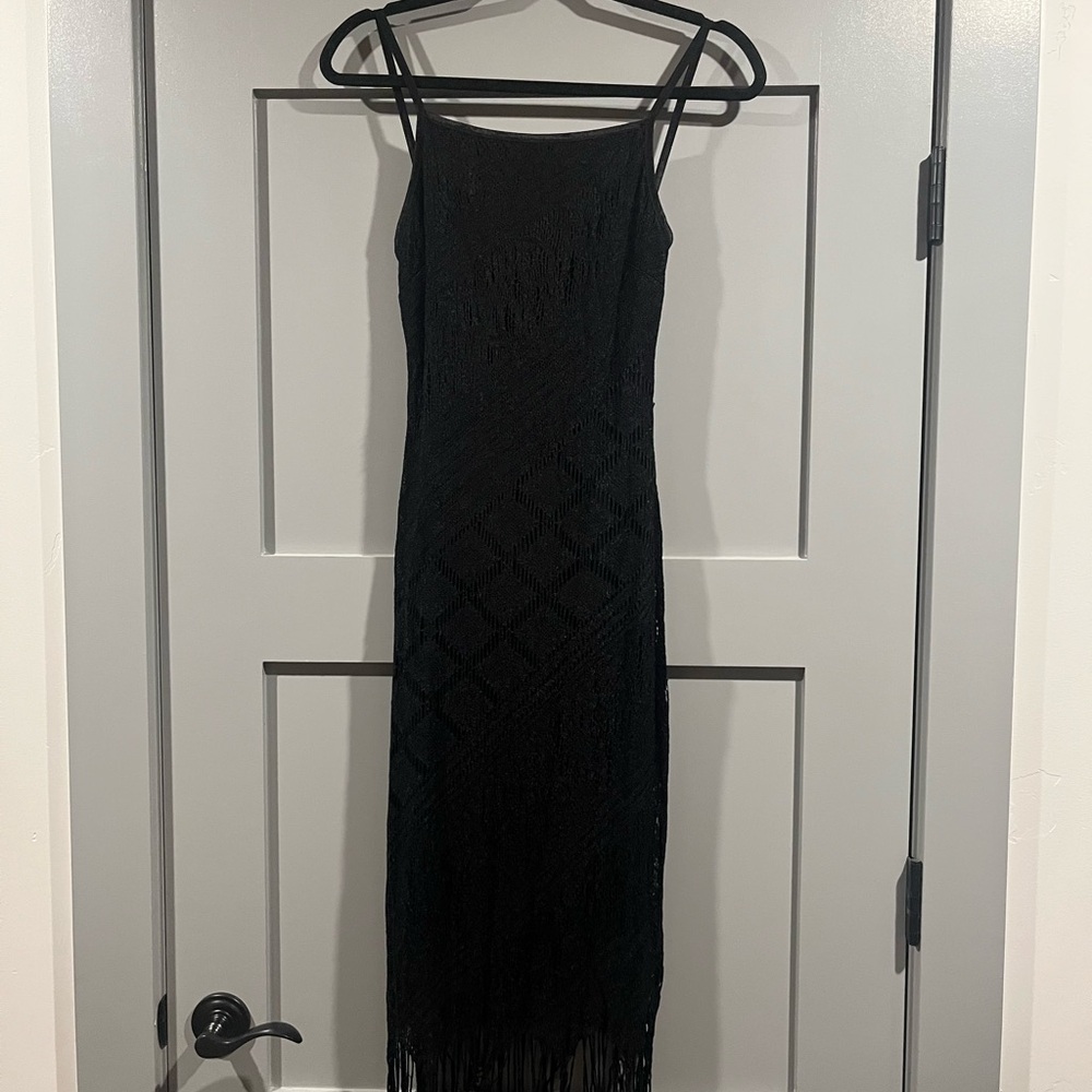Hourglass Elegant Black Fringe Midi Dress